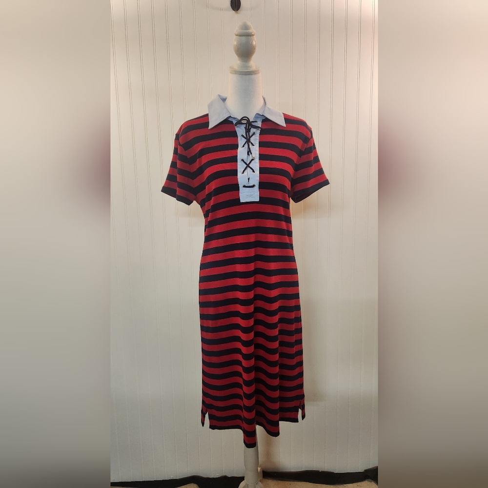 Chaps RL Women's Red Black Stripe Polo Dress Size L Tie Collar Nautical Beachy